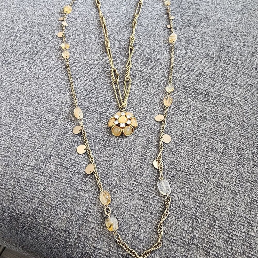 2 TALBOTS Long Necklaces Goldtone Flower Pendant (Glows) & Beads with Disks Vtg